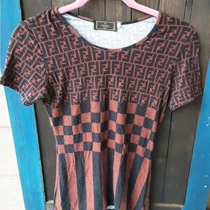 Fendi Brown and Black FF Logo Short Sleeve Knit Tee